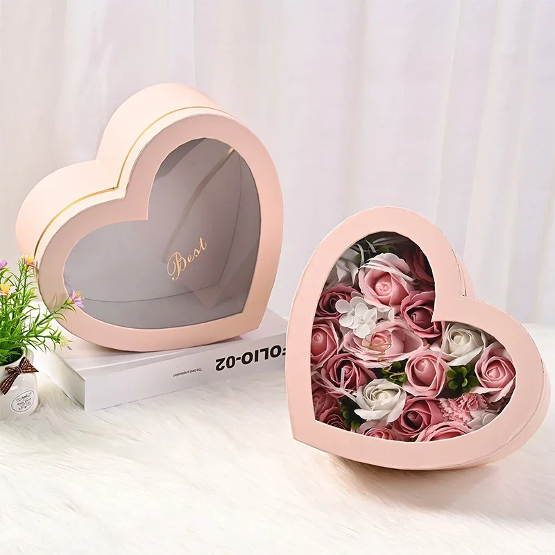 Wedding Party Gift Boxes Heart Shaped Flower Boxes with Transparent Window Lids Luxury Flower Valentine's Day Leather Gift Box