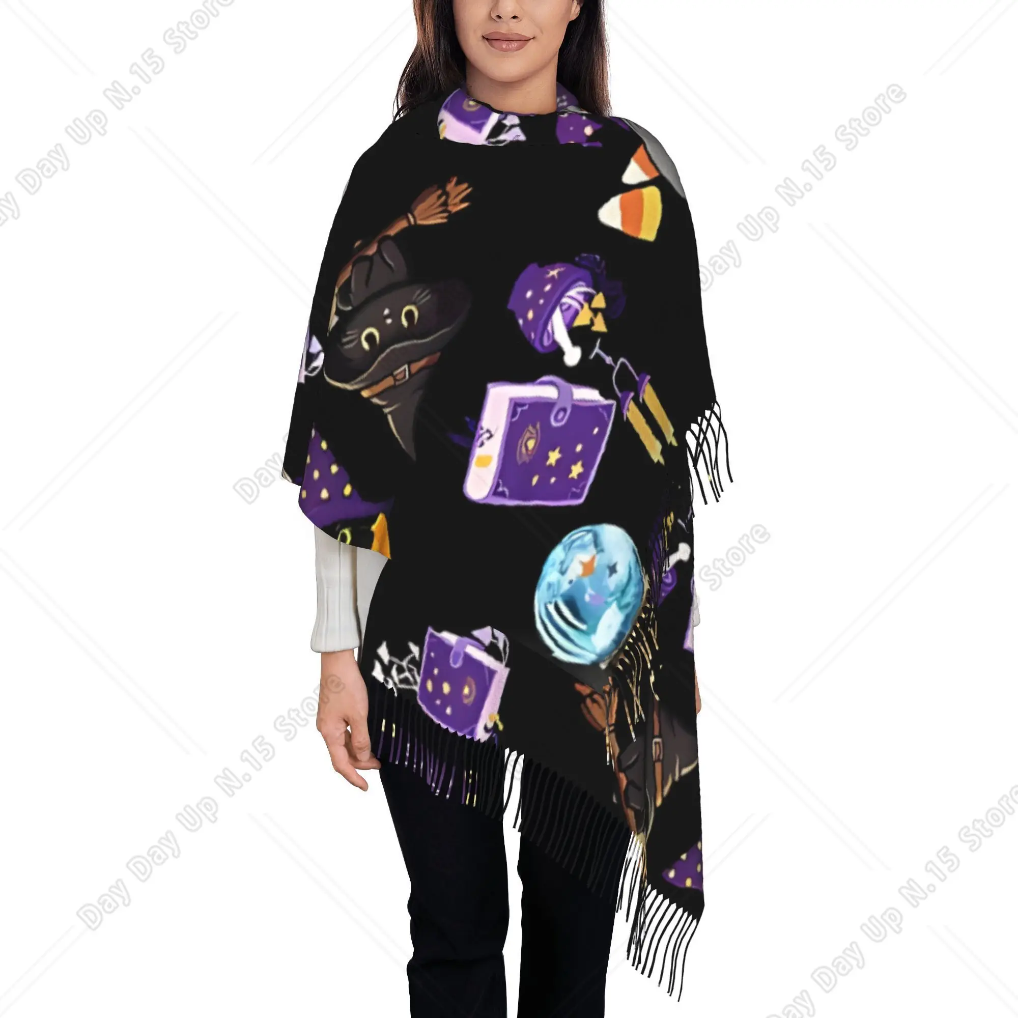 Adorable Halloween Enchanted Cats Surrounded by Books And Pumpkins Scarf with Tassels Lightweight for Autumn And Winter