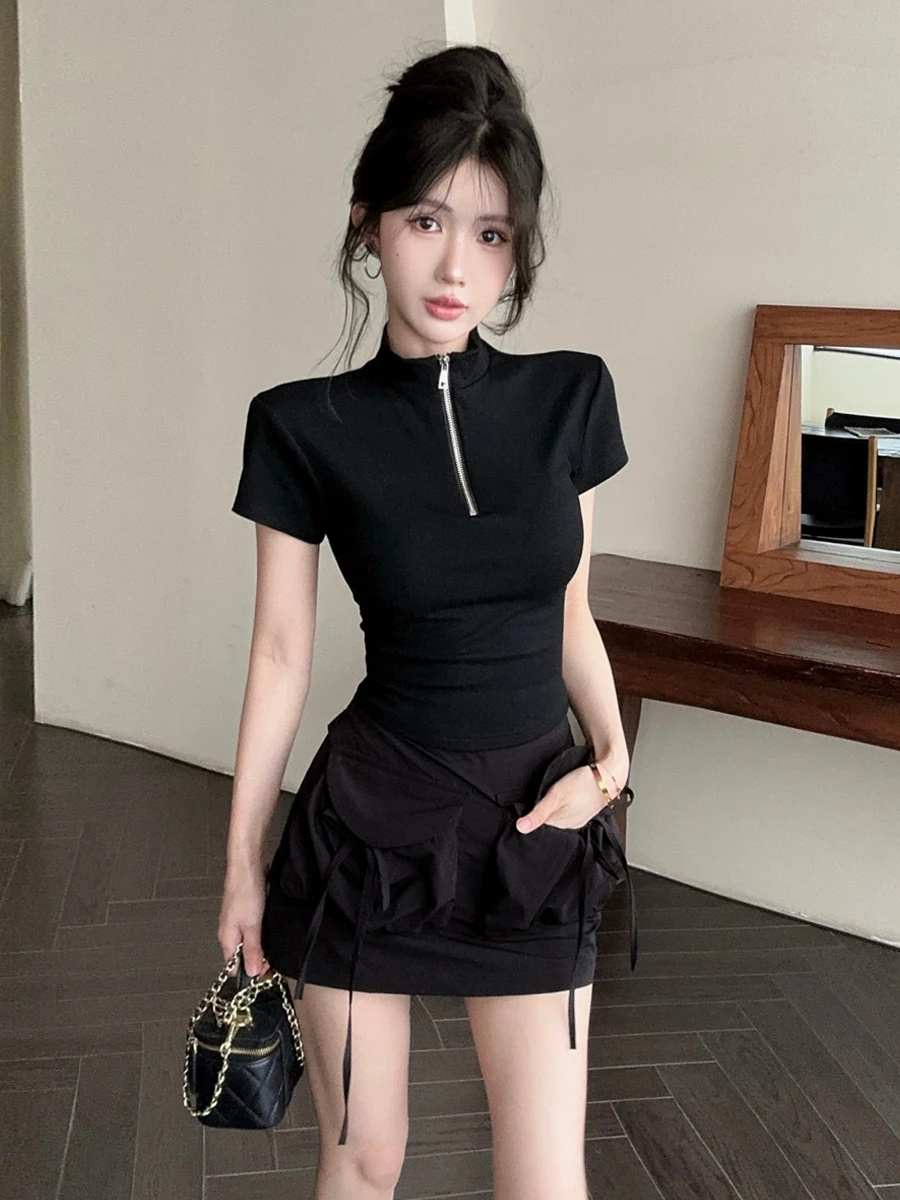 

Slimming Effect Zipper Short Sleeve Knitted T-Shirt Top with Pocket And Wrap around Skirt Set for Young Women Casual Style