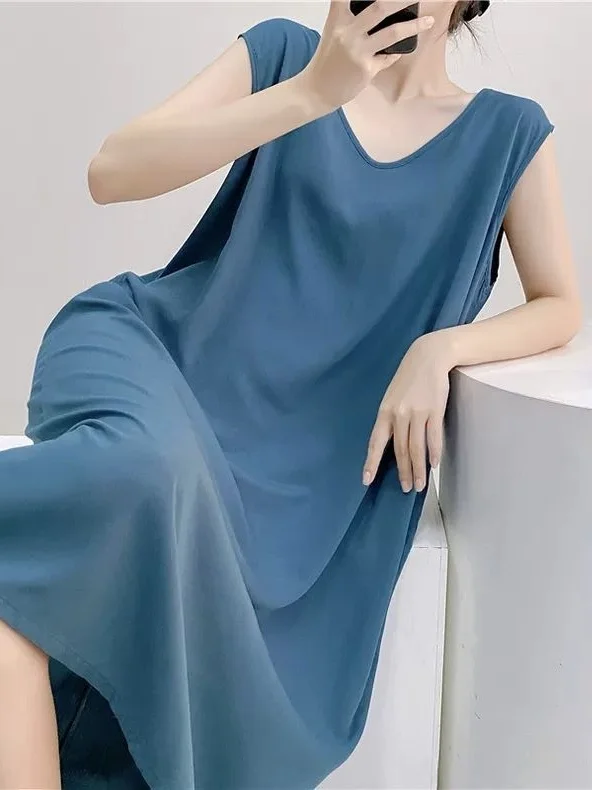 

plus Size Summer Svel Vest Dr V-Ne Pure Color Home Clothes for Plump Women Medium-Length Comfortable Spwear