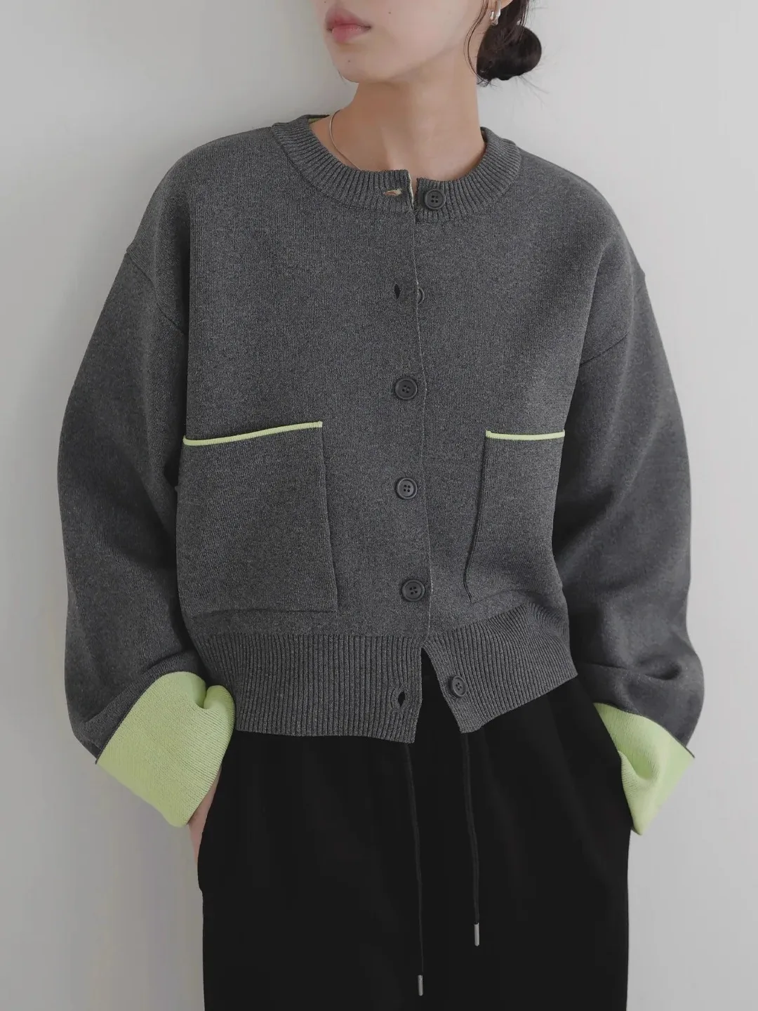 High-End White Collar Patchwork Knitwear Outerwear Loose Fit Simple Style Autumn Winter Fashionable Open Cardigan Sweater