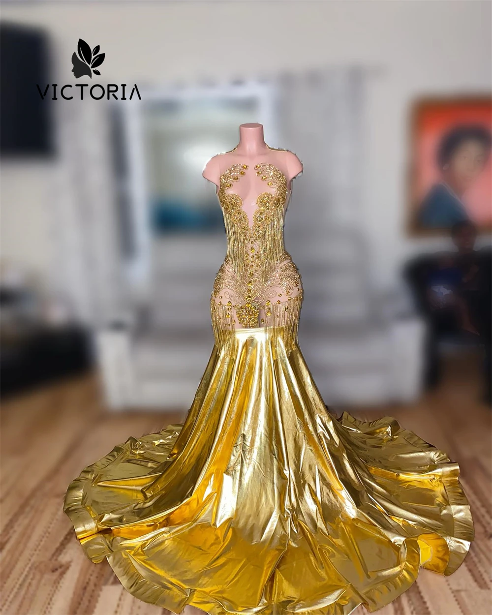 Deslumbrante ouro aniversário vestidos de baile preto meninas frisado strass borlas sereia sem costas cocktail vestidos de festa personalizado