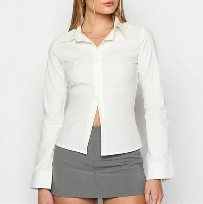 

Spring and Summer Women's Casual Slim Fit Solid Color Button Up Shirt Long Sleeved Top Slim Fit Formal Commuting Shirt Top