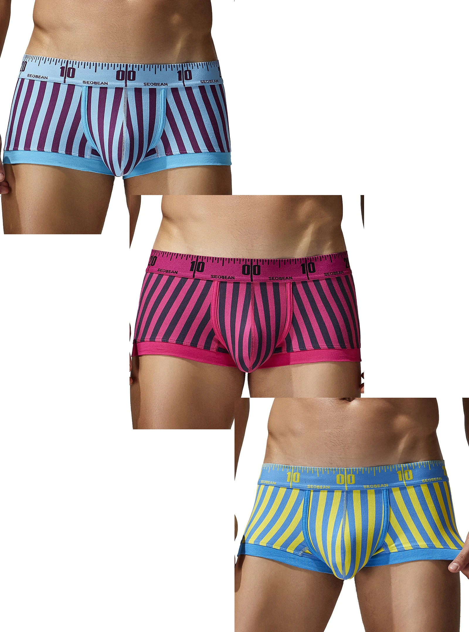 

3-Pack SEOBEAN Men's Cotton Boxer Briefs U-Shaped Crotch Youth Vertical Stripes Breathable Comfortable Underwear