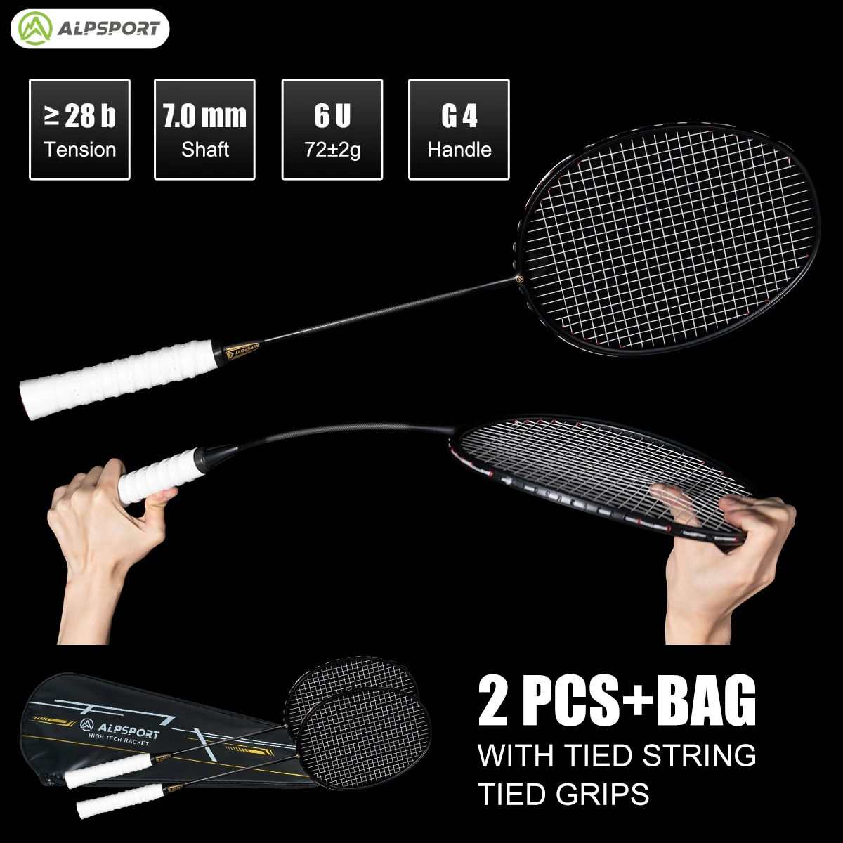 ALP XHP 2Pcs 100% Carbon Fiber Elastic 6U 72g 30Lbs Strung Racquet Offensive And Defensive Pro Badminton Racket With String Bag