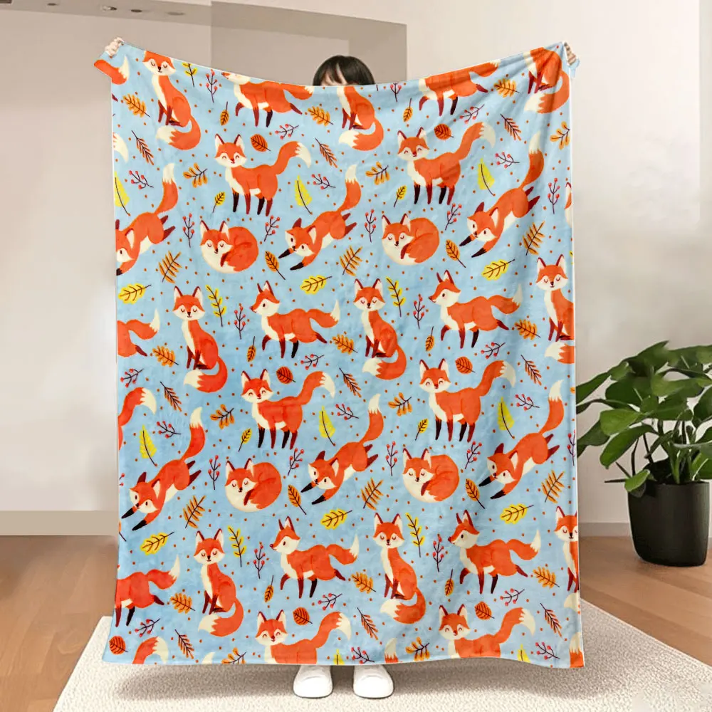 Autumn Fox Printed Throw Blanket - Light Blue Background with Orange Foxes, Yellow/Orange Leaves & Brown Pinecones, Whimsical