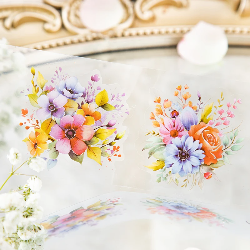 1 Roll Flower PET Waterproof Transparent Decorative Tape Journal Collage Decoration DIY Handmade Decorative Material Tape