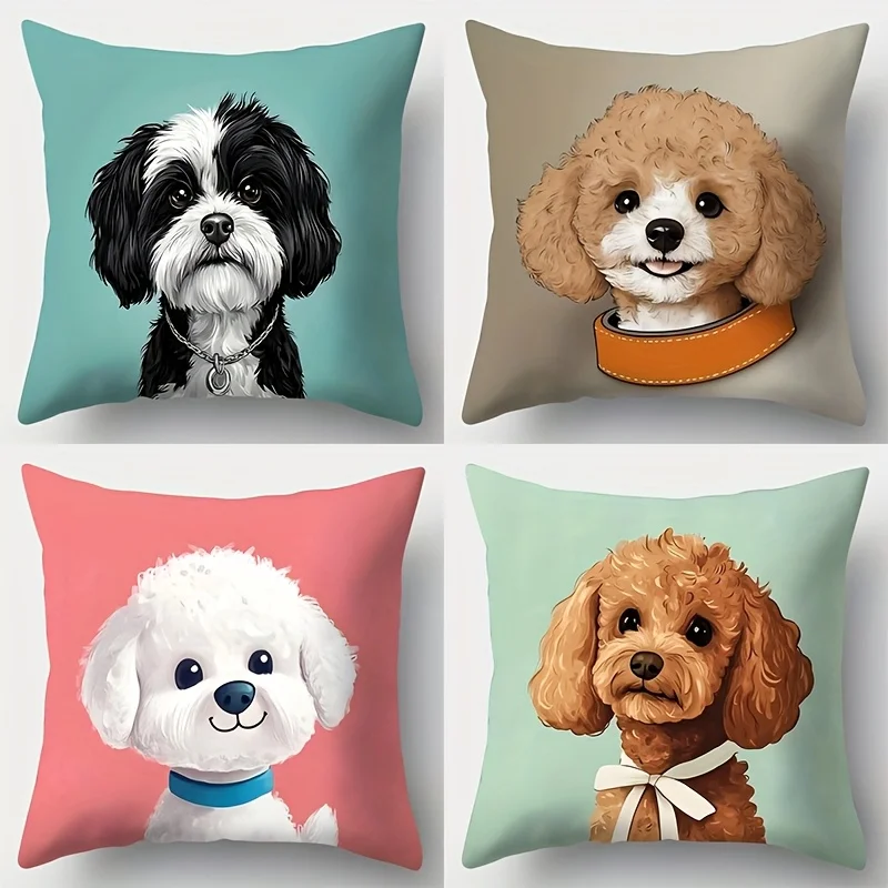 4pcs Dog head pattern icon single-sided digital printing pillow cover Short plush Suitable living rooms bedrooms sofas