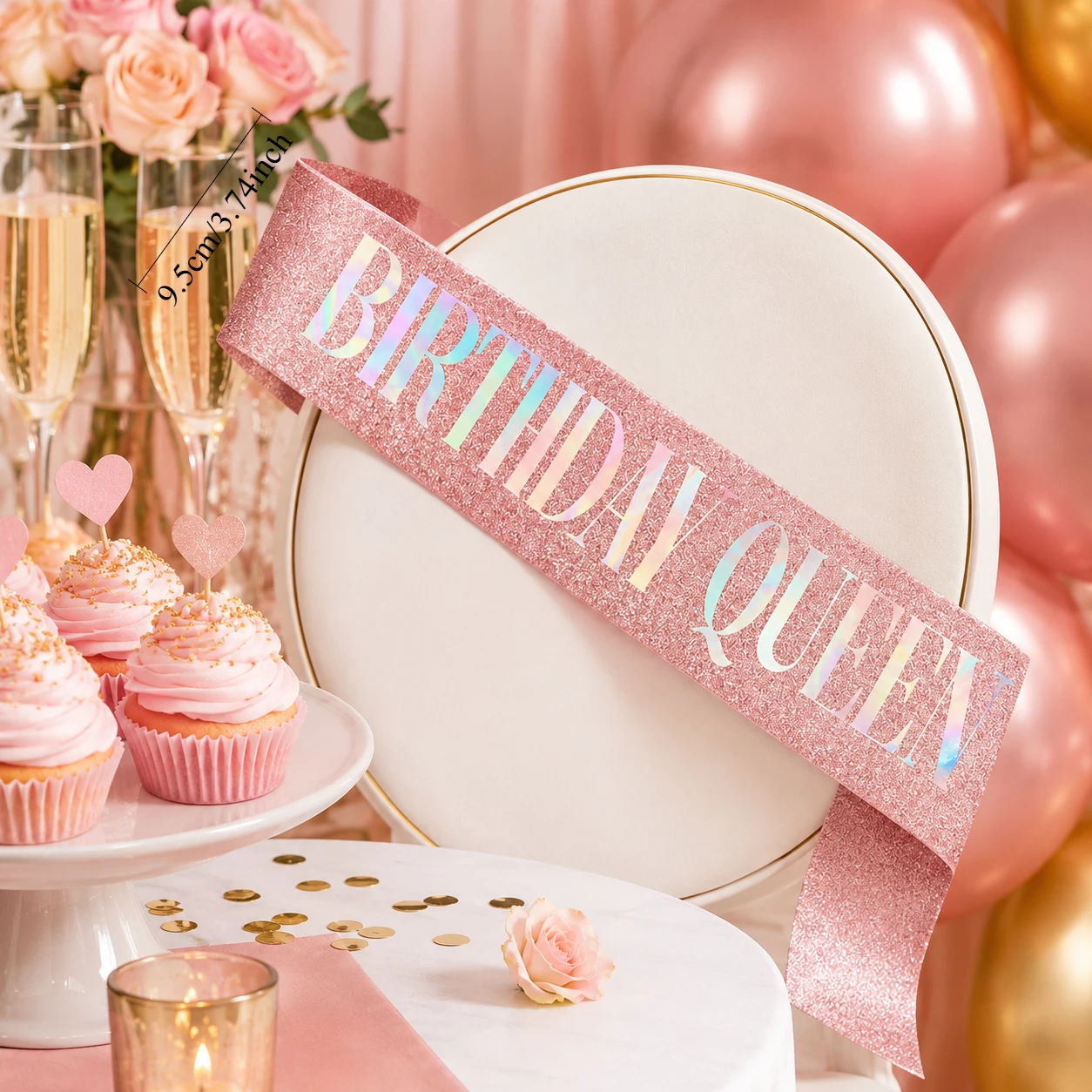 1PC Birthday Queen Sash for Women Pink Glitter Party , Holographic Birthday Girl Shoulder Strap for Birthday Party Decorations. image 2