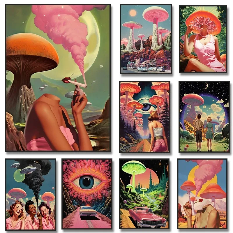 Retro Woman Smoke Surreal Mushroom Psychedelic Poster Wall Art Vintage Canvas Painting Print Pictures Living Room Home Decor