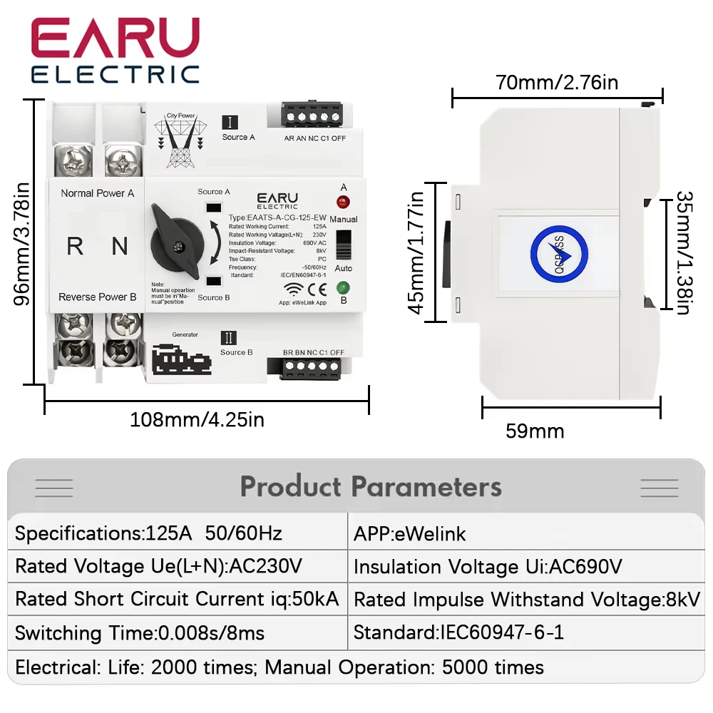 eWeLink WiFi Smart Remote Control 2P 125A AC 230V ATS Dual Power Automatic Transfer Electrical Selector Switch Uninterrupted