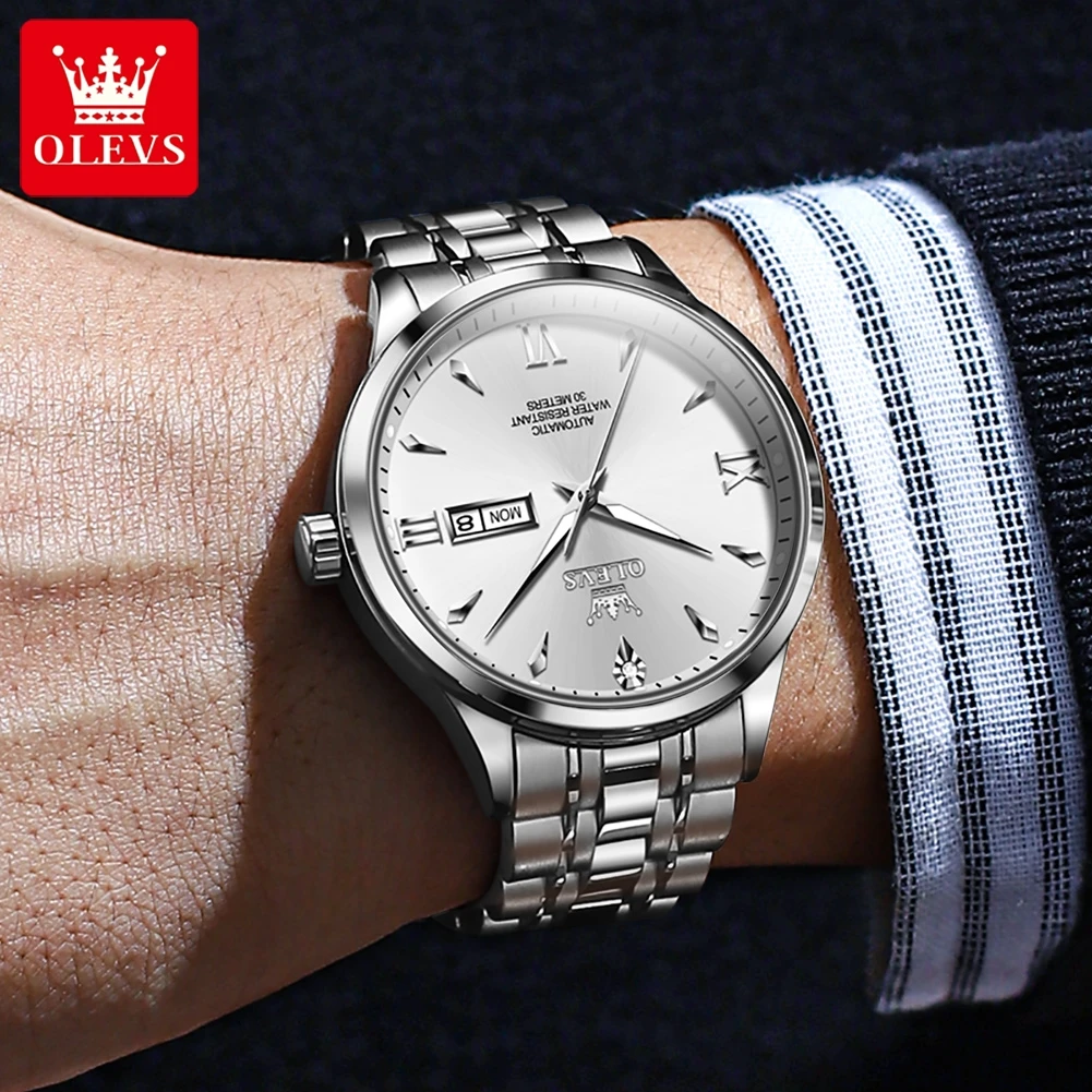 OLEVS Men\'s Mechanical Watch Waterproof Luminous Stainless Steel Grey Dial Business Automatic Watch for Men Week Date Wristwatch