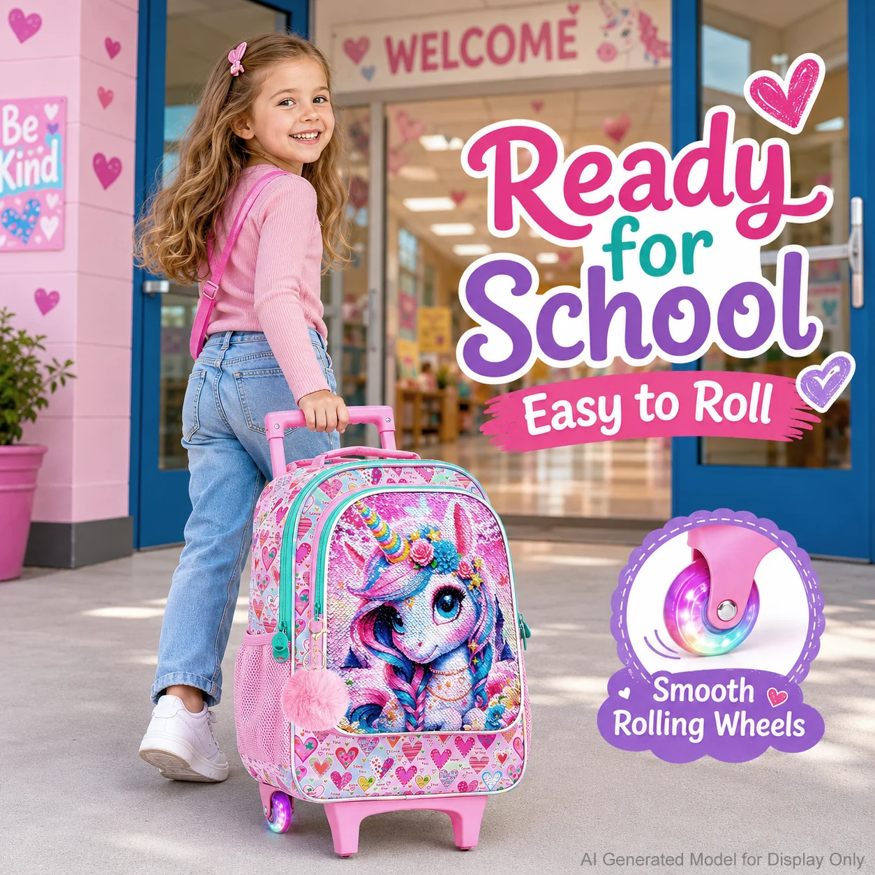 3PC Girls Sparkly Sequin Braided Unicorn Trolley Backpack Set, Light‑up Color Wheels Rolling Schoolbag for Elementary Kids