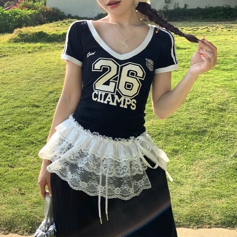 White Y2K Korean Streetwear Mini Skirt Women High Waist Lace Layered Pleated Skirt Harajuku Lace Up Casual Tiered Wrap Goth