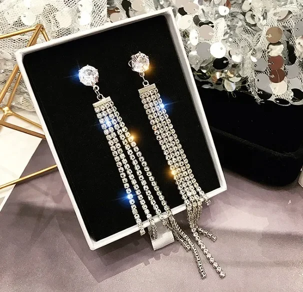 

New Crystal from Austrian Long Rhinestone Tassel Temperament Personality Wild pure desire Earrings Mother's Day Jewelry