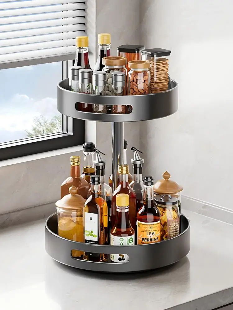 360° Rotating Kitchen Spice Rack Carbon Steel Lazy Susan Turntable Organizer for Pantry Cabinet Countertop