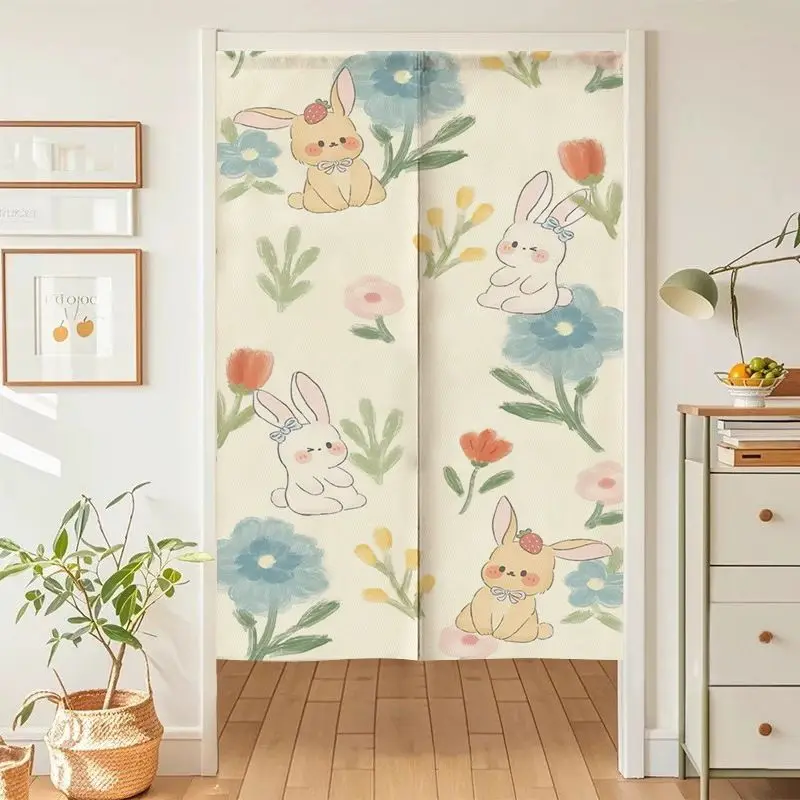 VIKAMA Cute Bunny Floral Japanese Style Half Door Curtain, Doorway Privacy Screen for Bedroom, Kawaii Wall Decor