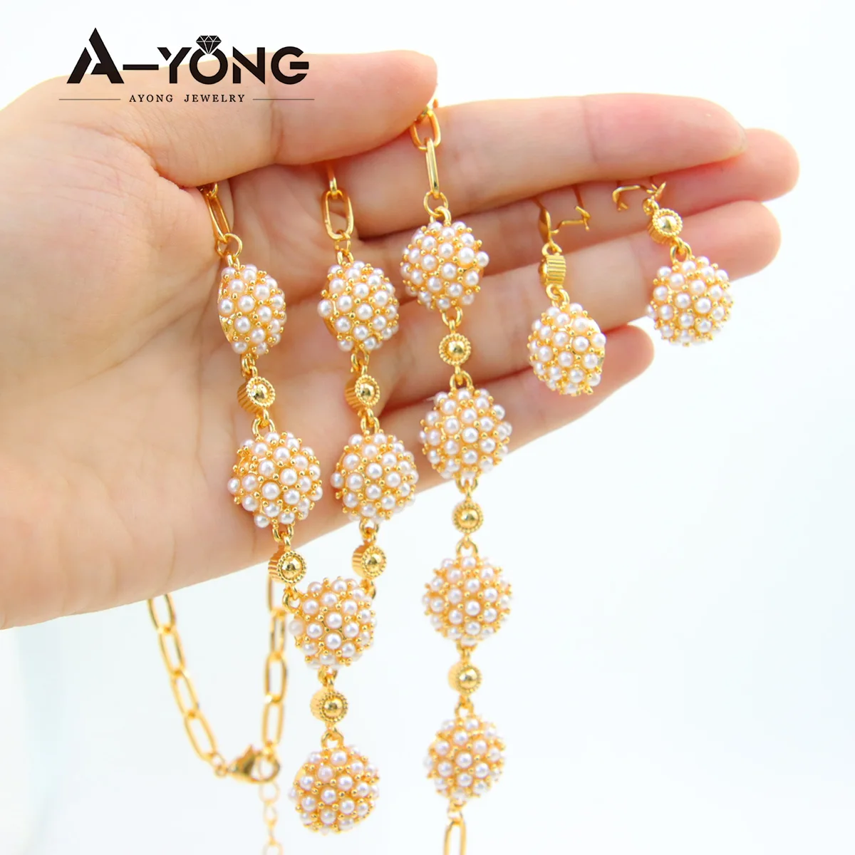 Italienisches goldfarbenes Perlen-Halsketten-Set, 21 Karat vergoldet, Dubai, eleganter Ramadan-Schmuck, arabisches islamisches Mutter-Geburtstagsparty-Geschenk – Detail 2