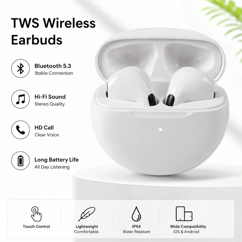 New Mini Protable Pro6 TWS Wireless Bluetooth Earphone In-ear Stereo Sound Touch Control Earbuds Sport Sleep Game Headphones