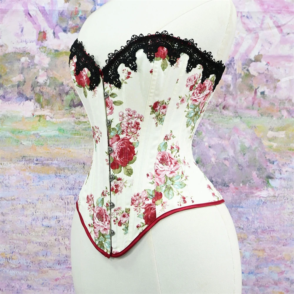 Women Palace Style Overbust Corset Tops Vintage Floral Print Black Lace Decoration Bustier Body Shaper Lingerie Lace Up Bodice