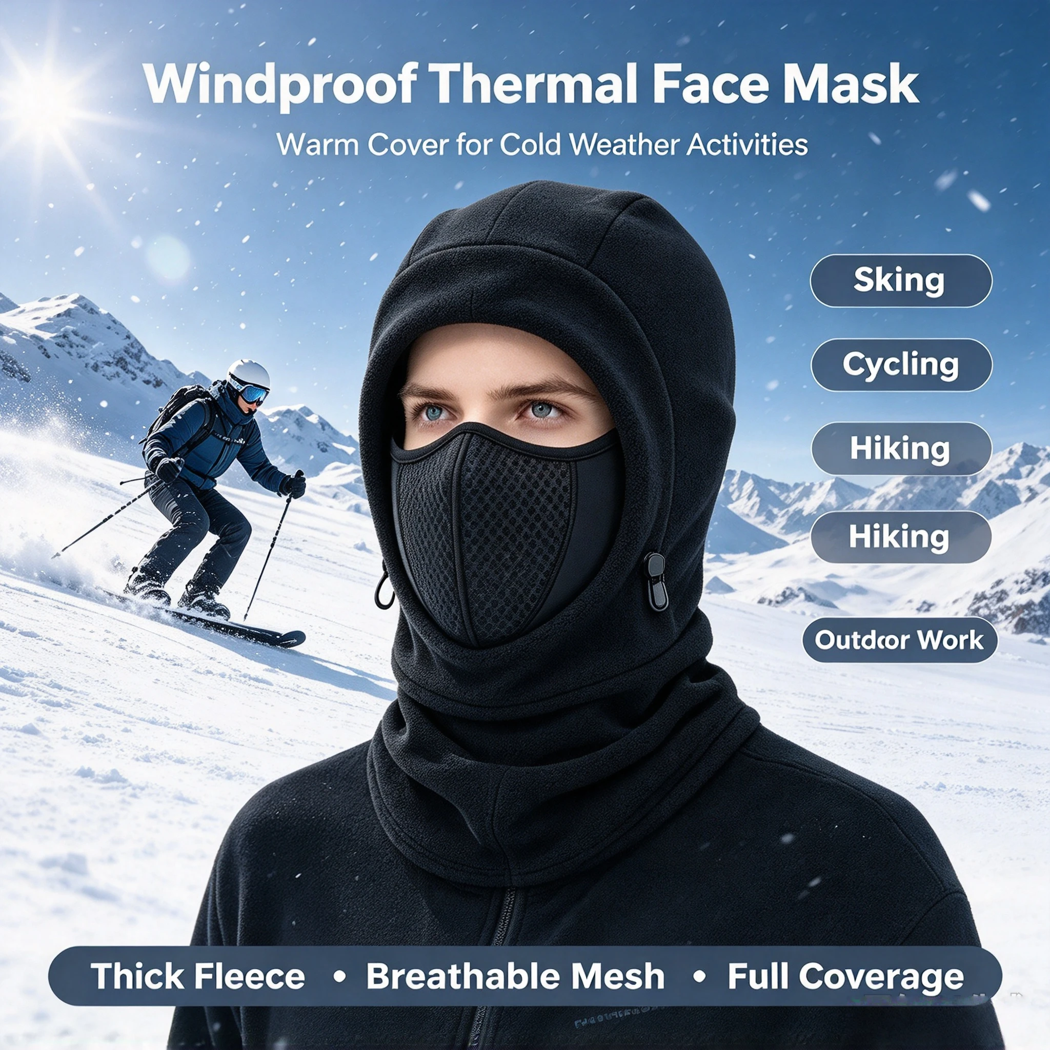 Winter Thermal Fleece Balaclava Face Mask Windproof Breathable Mesh Neck Warmer Adjustable Ski Cycling Hiking Cold Weather