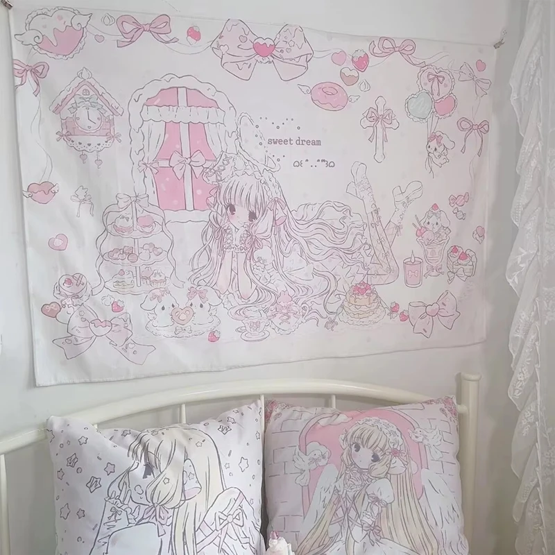 VIKAMA Kawaii Anime Girl Wandteppich Sweet Dream Pink Polyester Wandbehang Schlafzimmer Wohnzimmer Wanddekoration