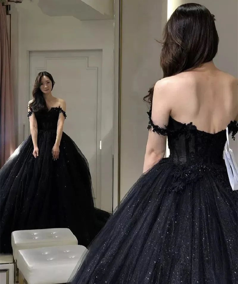 Sexy Black Prom Dresses Sweetheart Off The Shoulder A-Line Tulle Applique Backless Vestidos De Gala Evening Gowns Long For Women