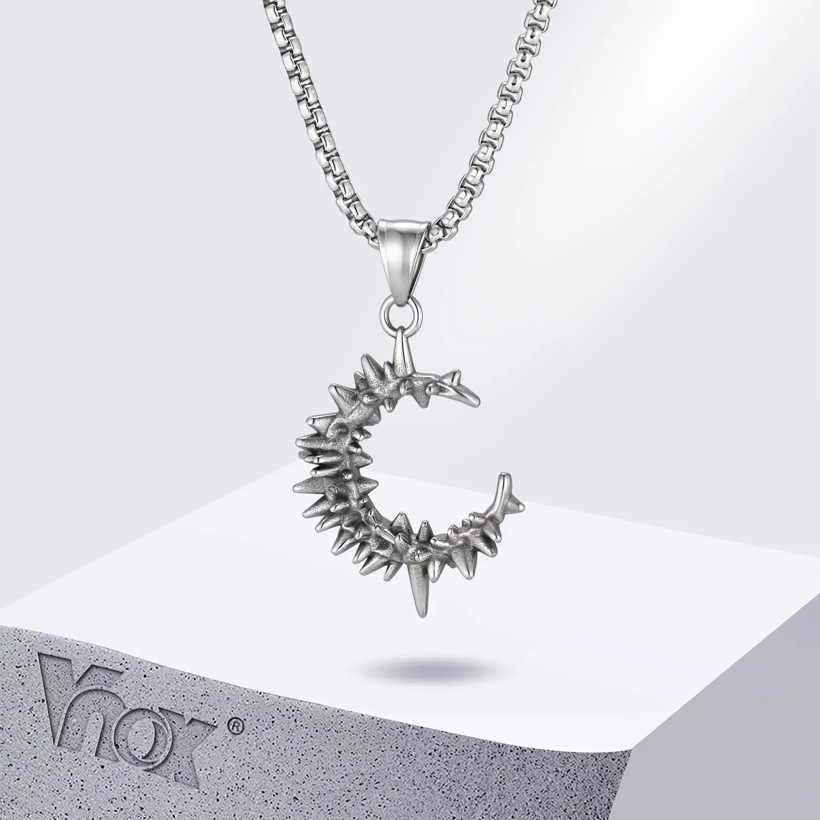 Vnox Spine Moon Pendant Necklace for Men, Stainless Steel Gothic Spiked Crescent Chain, Hip Hop Punk Birthday Party Jewelry Gift