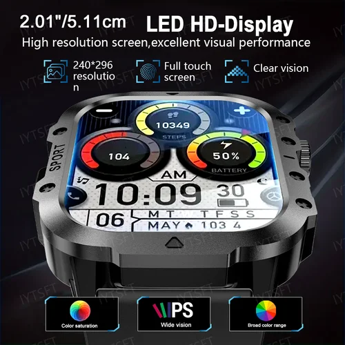 Imagen 2 del producto LAXASFIT 2025 nuevo reloj inteligente militar hombres deportes al aire libre rastreador de Fitness monitoreo de salud 2,01 pulgadas llamadas Bluetooth Smartwatch