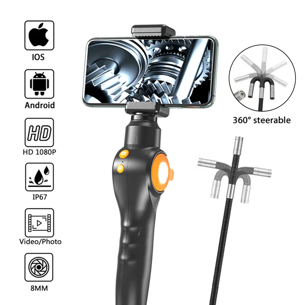 

360° Steering Industrial Endoscope Camera 1080P 8.5mm Lens Inspection Borescope For Android IPhone PC Car Engine Sewer Pipe