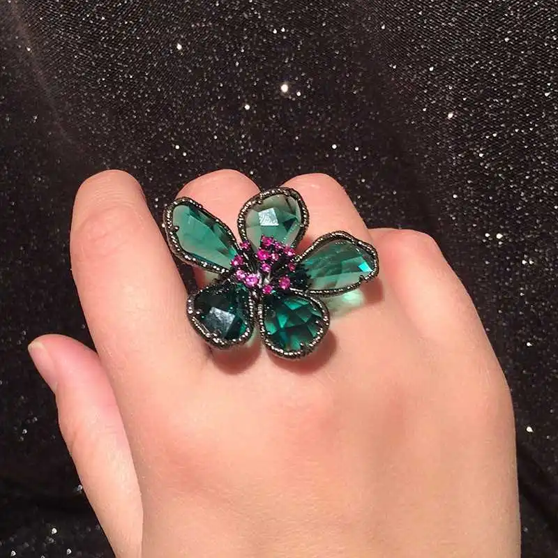 Ajojewel Korean Vintage Green Crystal Flower Earrings Ring Set Jewelry New Women Retro Luxury Gift Bijoux Femme