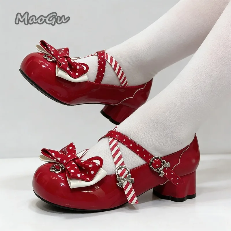 

Red Polka Dot Bow Mary Jane Shoes Sweet Lolita Block Heel Pumps Cute Round Toe Ankle Strap Cosplay Shoes 메리제인슈즈 Size 35-40 Туфли