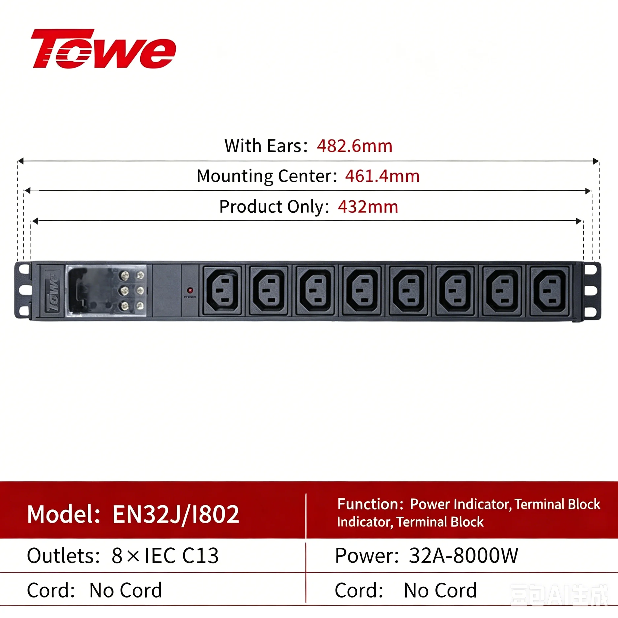 32A Rack Mount PDU 8 Outlet IEC C13 Metal Power Distribution Unit with Terminal Block Input for Server Rack Data Center Cabinet