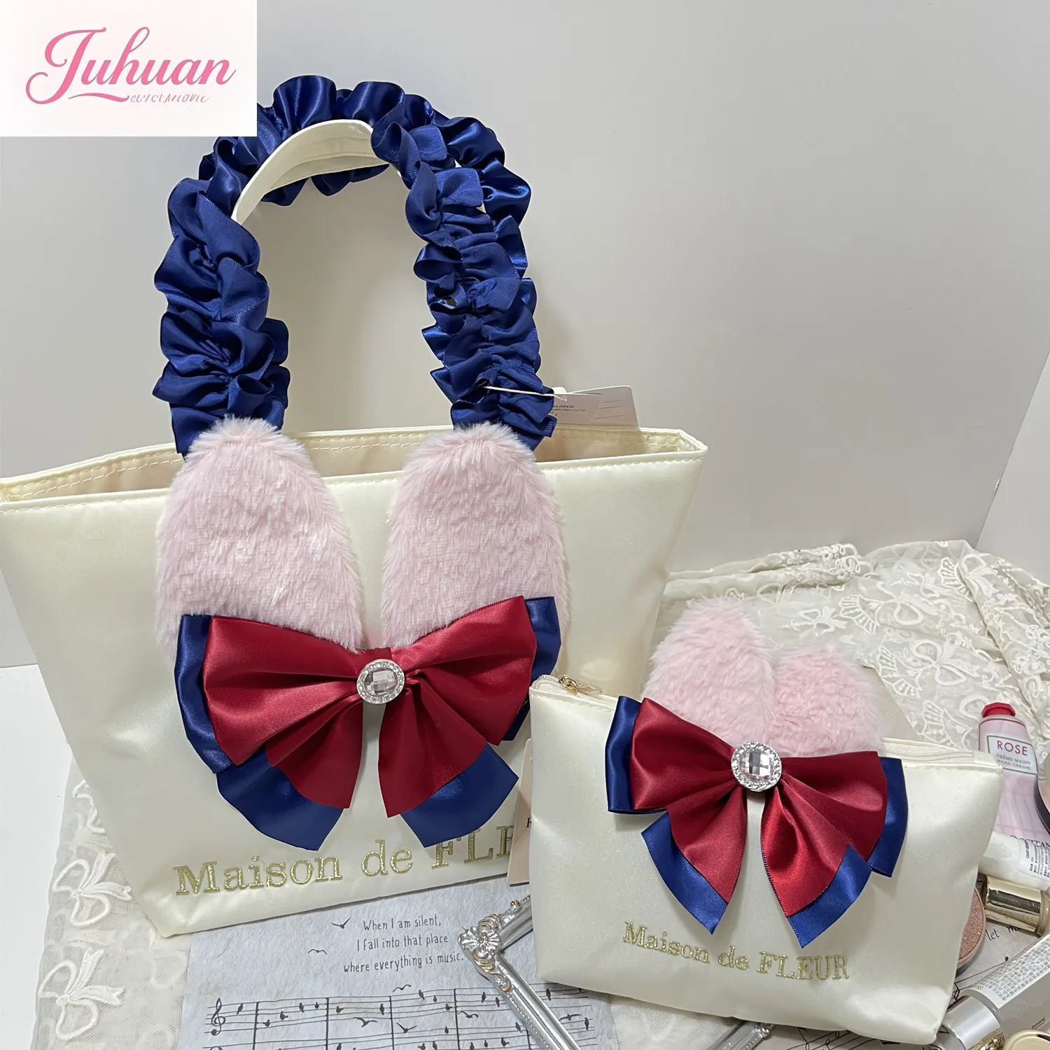 Japanese beauty sweet cute shoulder handbag women's makeup storage bow rhinestone rabbit ear pleated handheld ladies bags