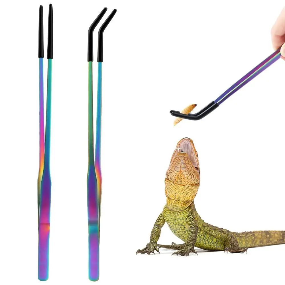 2PCS Stainless Steel Reptile Feeding Tongs Terrarium Tank Supplies with Rubber Tip Straight and Curved Tweezers Accessories
