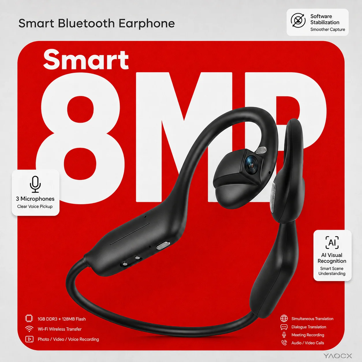 2026 Wearable 8MP Camera Earphones AI Visual Recognition Open Ear Bluetooth Headphones Meeting HD Recording WiFi6 Transfer 8GB