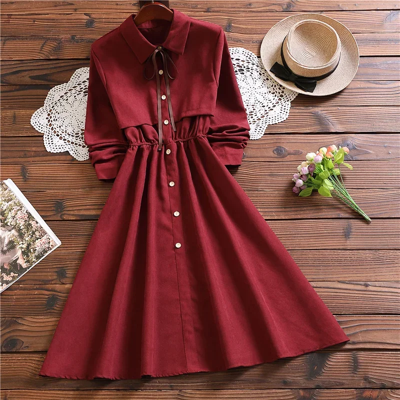 

Winter Women Corduroy Dresses Vintage Long Sleeve High Elastic Waist Party Dress Single-breasted A-line Midi Elegant Vestidos