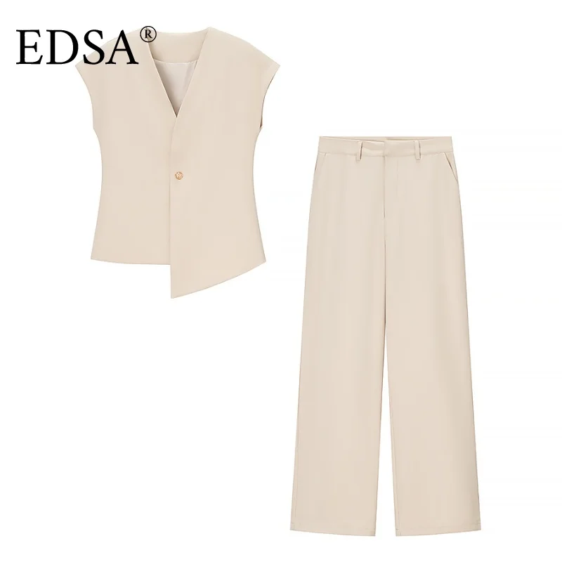 EDSA المرأة الخامس الرقبة مشبك واحد الصلبة سترة صدرية عالية الخصر الجانب جيب سستة واسعة الساق السراويل عادية 2 قطعة مجموعة