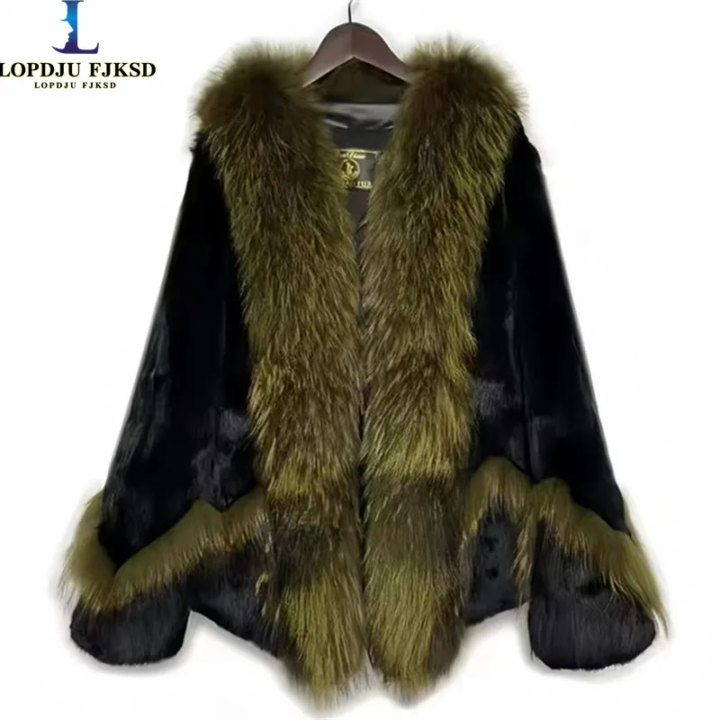 Real Rex Rabbit Fur Coat Women Autumn Winter Short Jacket Thick Warm New Raccoon Dog Fur Collar Elegant Female Warm Outerwear