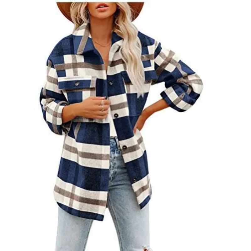 Autumn and Winter Women\'s Polo Collar Plaid Stripe Contrast Button Flocking Pocket Long Sleeve Cardigan Shirt Jacket Casual Tops