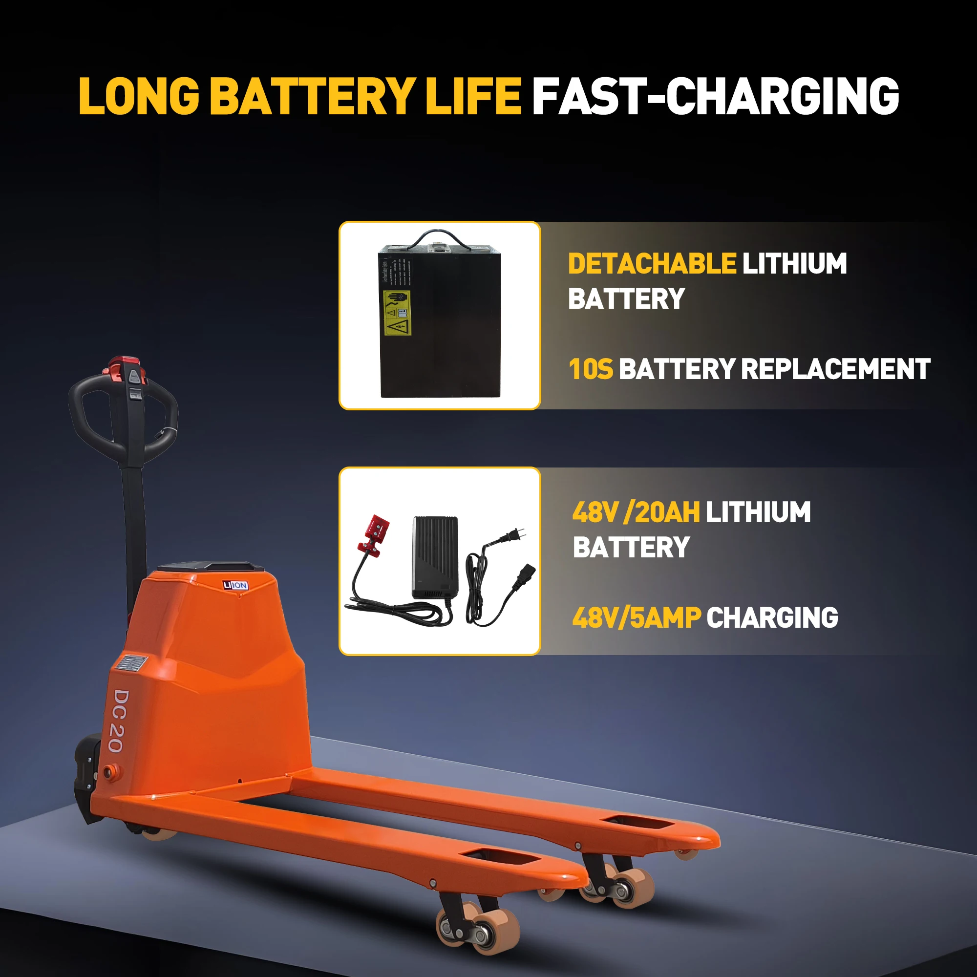 Gato para palés totalmente eléctrico, transpaleta con capacidad de 4400 libras, batería de litio de 48 V y 20 Ah, 6 horas de tiempo de trabajo, 48 x 27 pulgadas