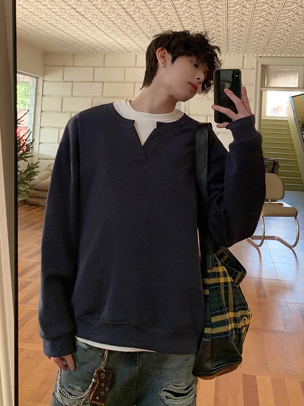 

Spring Long Sleeve Hoodie Fake Two-Piece Loose American College Style Men's Inner Wear T-Shirt Youth Fashion Polyester Cotton...