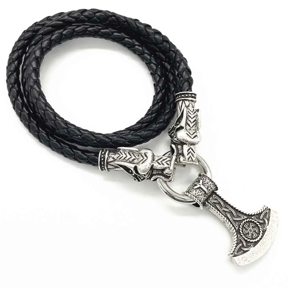 

Nostalgia Kolovrat Symbol Slavic Perun Axe Pendant AlGIZ Rune Viking Wolf Heads Leather Chain Necklace Collier Sautoir Long