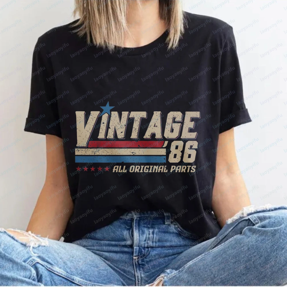 1986 40th Birthday Vintage 86 All Original Parts T-shirt For Women Retro Celebration Casual Cotton Short Sleeve Gift Idea Tops