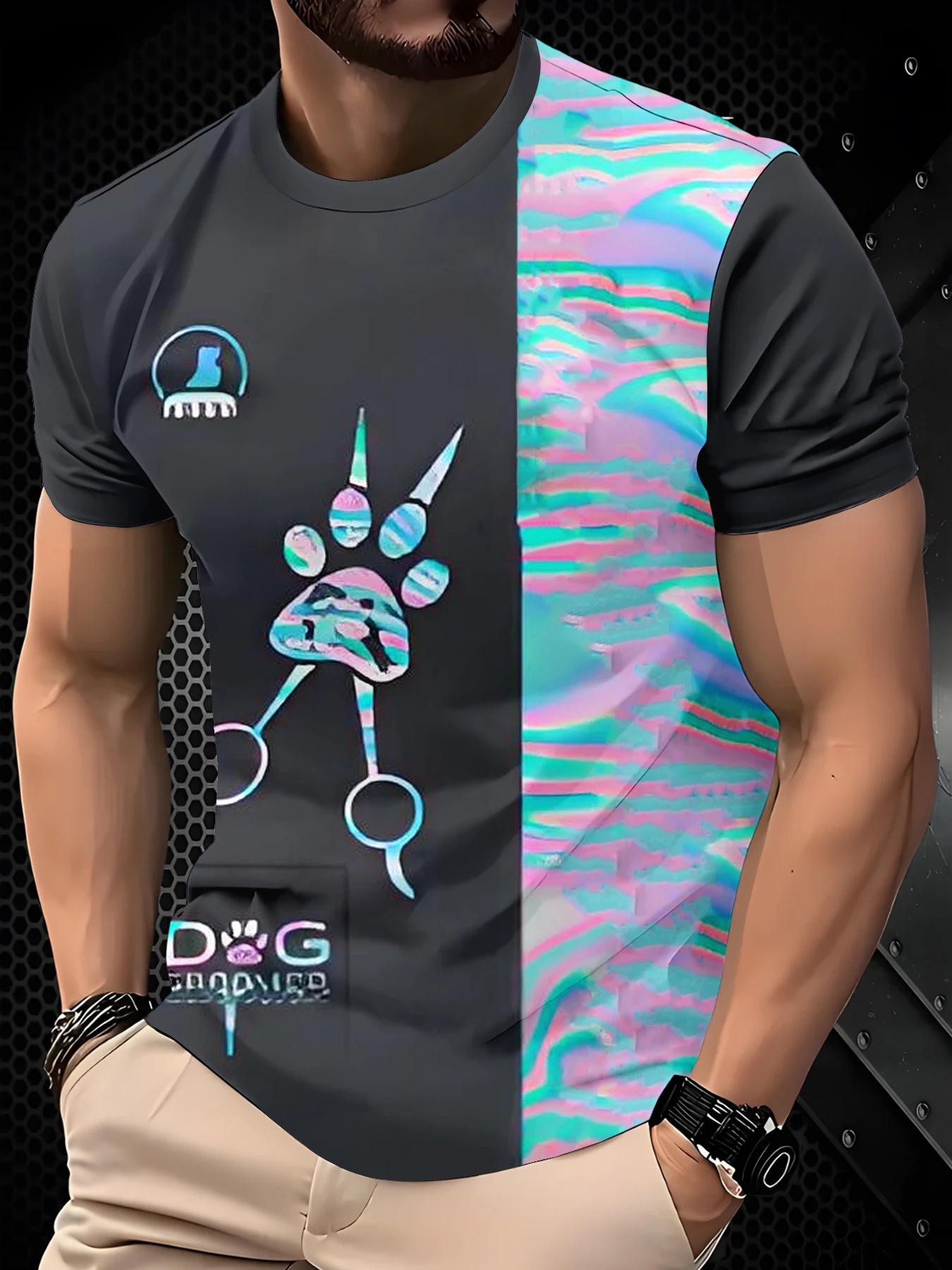Casual Men Split Tone Iridescent Texture Pet Salon Graphic Basic Short Sleeve Top