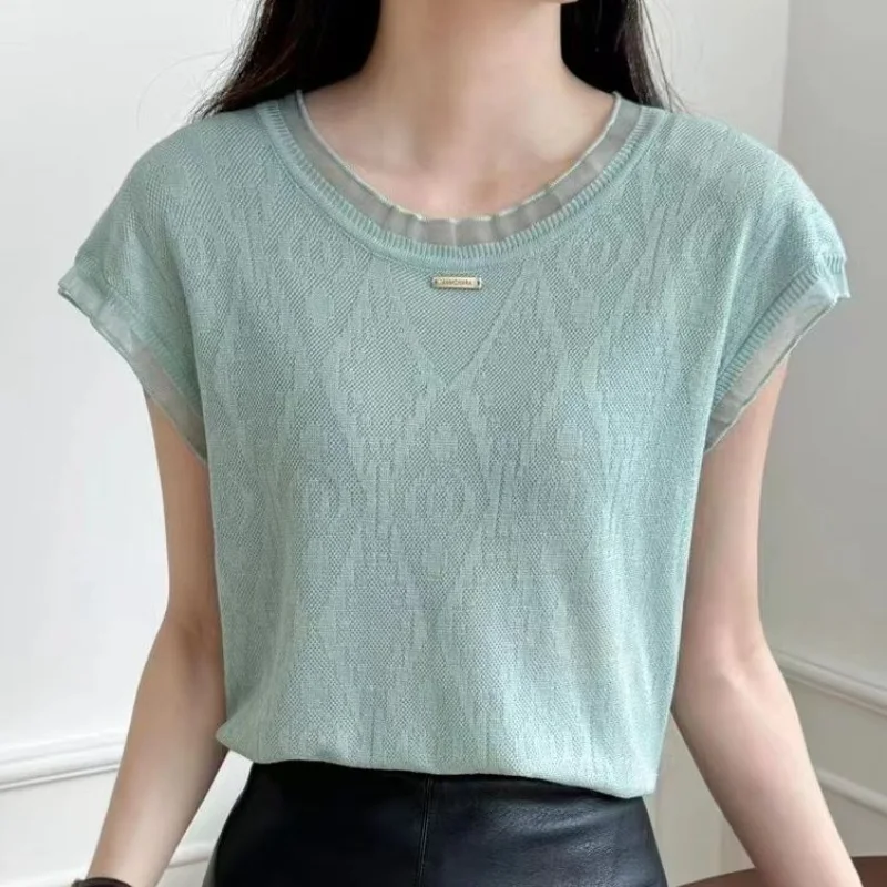 Fashion Korean Crochet Hollow Out Short Sleeved T-shirt Women Summer New Solid Round Neck Loose Knitting Lacework Thin Tops 2024