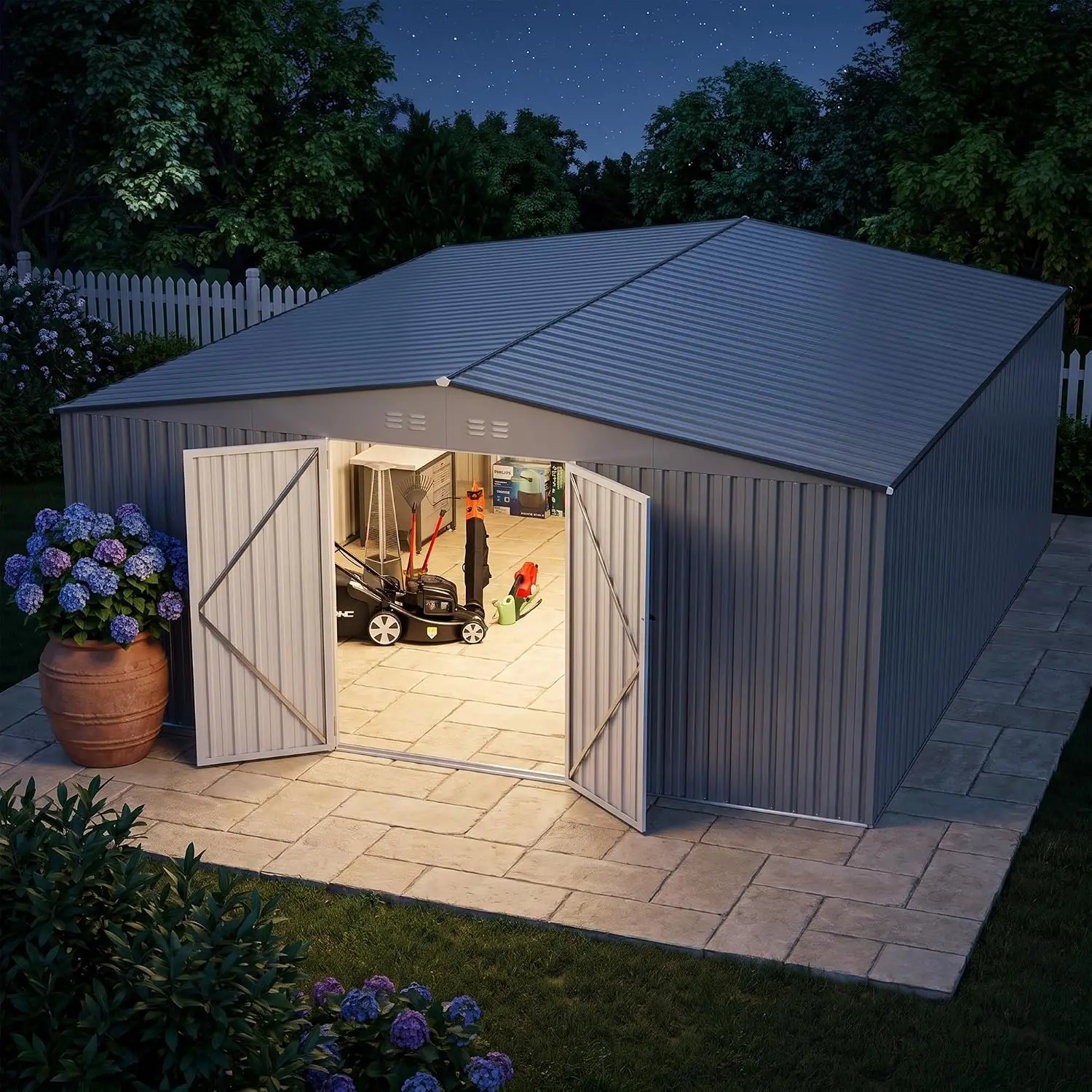 Large Metal Storage Shed Waterproof Sloped Roof Lockable Door Vents LED Light Outdoor Tool Motorcycle Lawnmower 14x12 FT, Custom