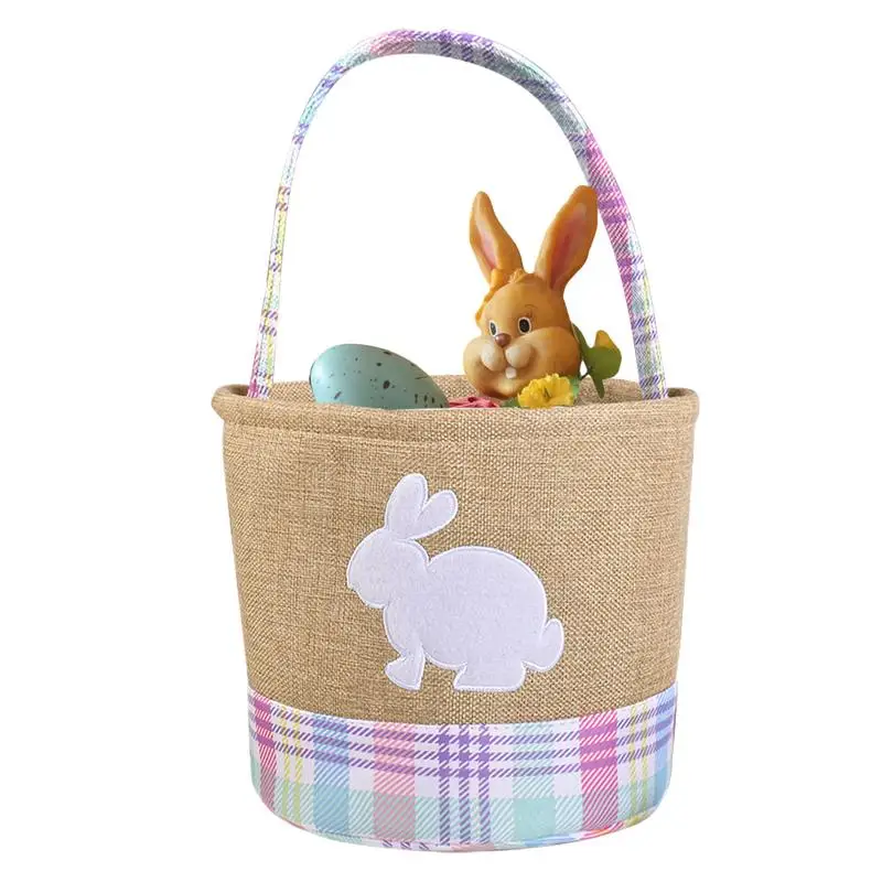 Easter Basket With Handle Large Capacity Candy Tote Organizer Bag Decorated With Embroidered Bunny Easter Supplies Storage