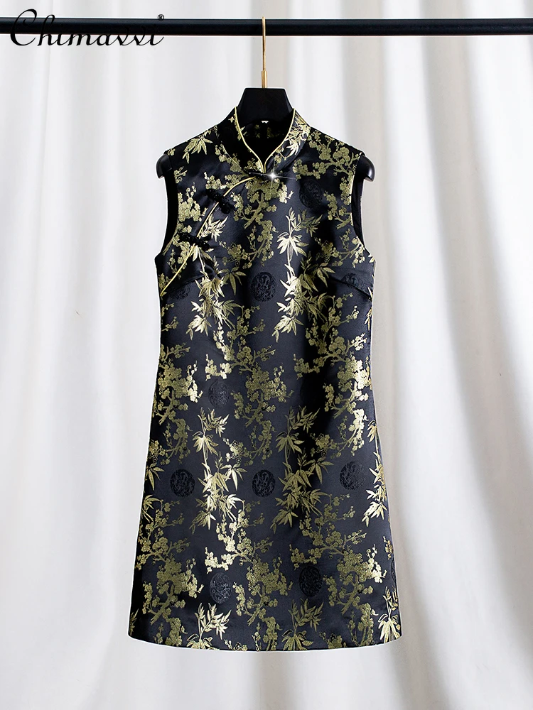 

Элегантное темпераментное короткое платье Cheongsam в китайском стиле с золотой вышивкой и воротником-стойкой без рукавов с высокой талией, женское летнее платье