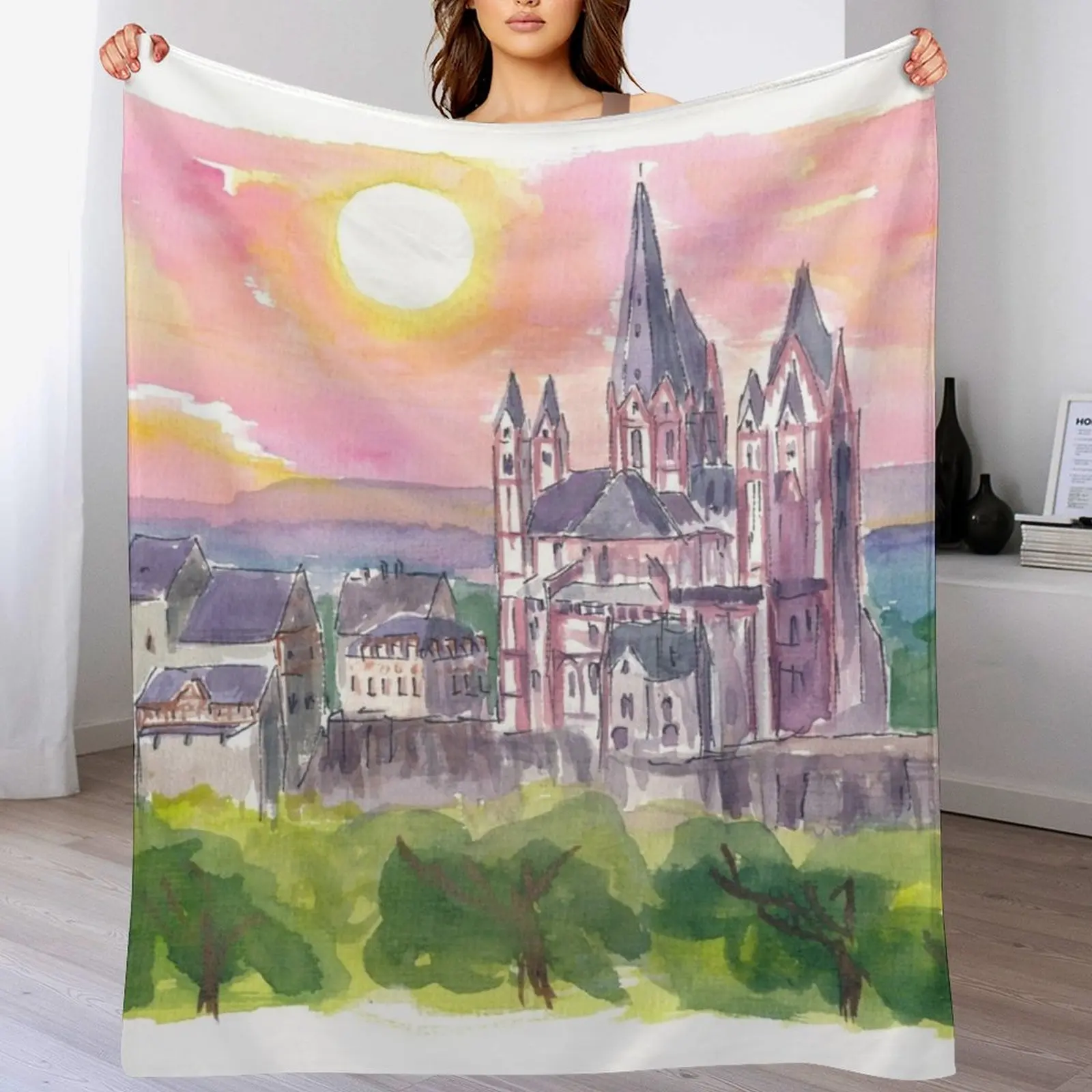 Limburg Cathedral Watercolor Sunset Scene Throw Blanket Bed wednesday Blankets